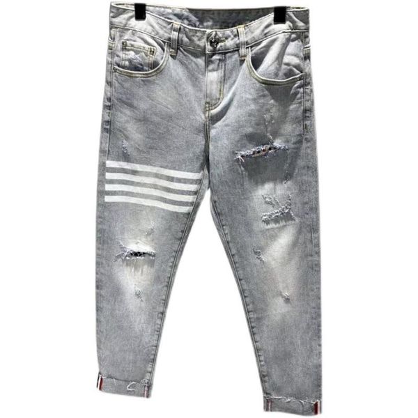 

men's jeans summer thin stretch brand slim light blue ripped cowboy pencil trousers feet striped pants