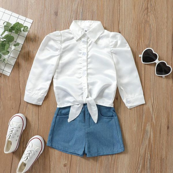 

clothing sets 2021 arrival baby girls outfits toddlers solid color tie-up long sleeve lapel shirts + denim shorts infants summer, White