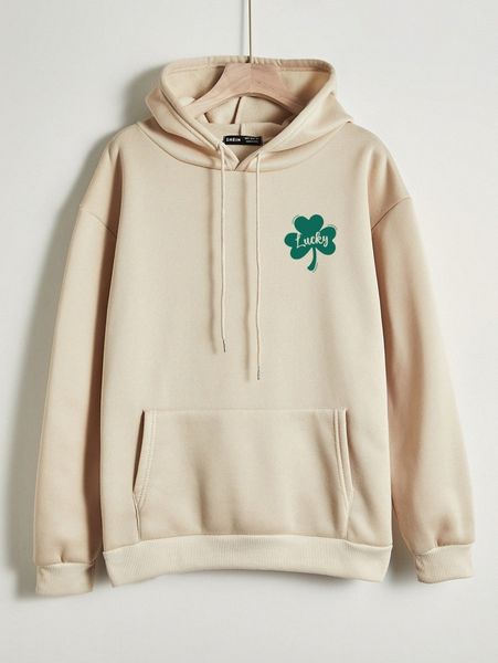 

clover & letter graphic drop shoulder drawstring thermal hoodie 41vt#, White;black