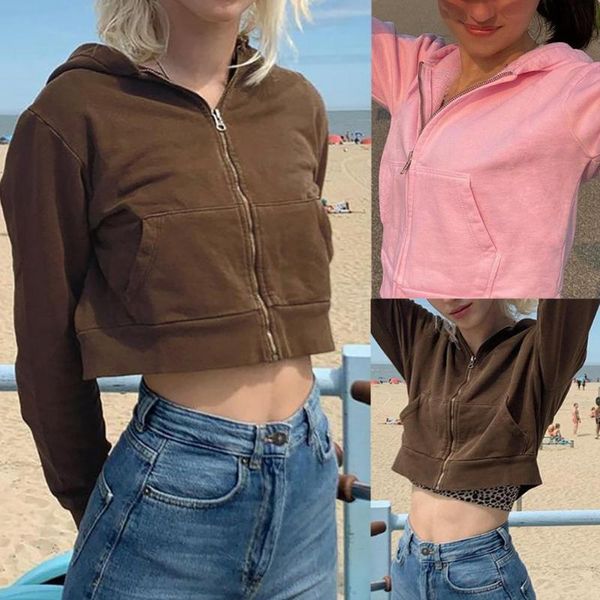 

women's hoodies & sweatshirts coat long sleeve solid color jacket autumn women crop zipper pockets hoodie for sweatshirt, Black
