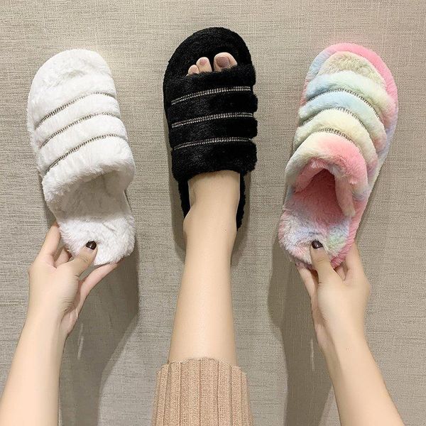 

winter women rhinestone memory foam cozy home slippers faux fur flat warm plus female comfort ladies hairy fashion lovely, Black