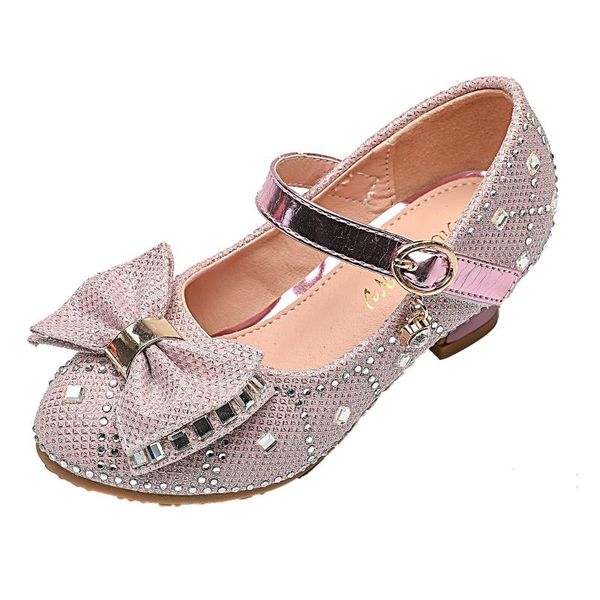 

flat shoes kids girls high heel leather children casual glitter sequins princess rhineshone bow soft sole dress, Black;grey