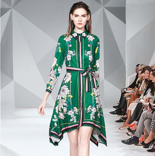 

casual dresses autumn runway women elegant retro printing color collision dress long sleeves belt irregular slimming, Black;gray
