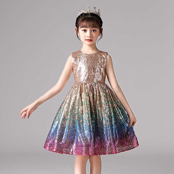 

girls rainbow sequin dress for kids champagn color shiny sleelvess party gown clothing birthday + 210529, Red;yellow