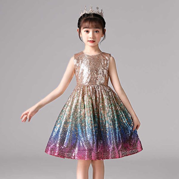 Abito da ragazza con paillettes arcobaleno per bambini Abito da festa con maniche lucide color champagne Abbigliamento compleanno + 210529