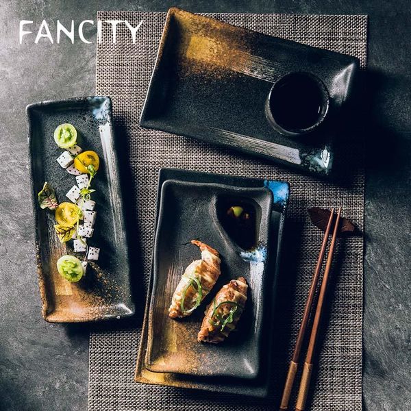 

dishes & plates fancity creative rectangular plate with grid retro ceramic sushi dumpling flat dish tableware porcelain