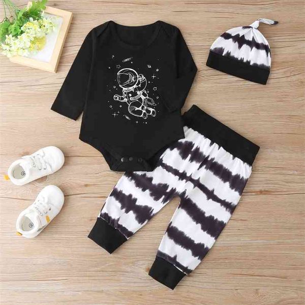 Arrivi Winter Boys Set manica lunga stampa pagliaccetti astronauta in bianco e nero a righe carino 2 pezzi vestiti 0-2T 210629