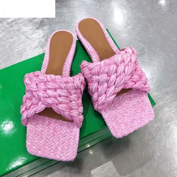 

sandals 2021 lafite grass braided beach slippers woman flat square toe hand woven summer sweety color comfort vacation shoes 22f1, Black
