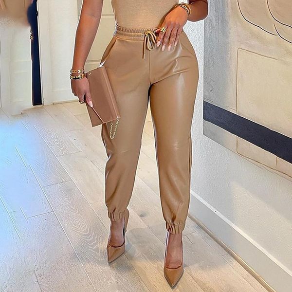 

women's pants & capris fashion leggins pu leather high waist drawstring autumn casual women going out daily wear slim fit khaki trouser, Black;white