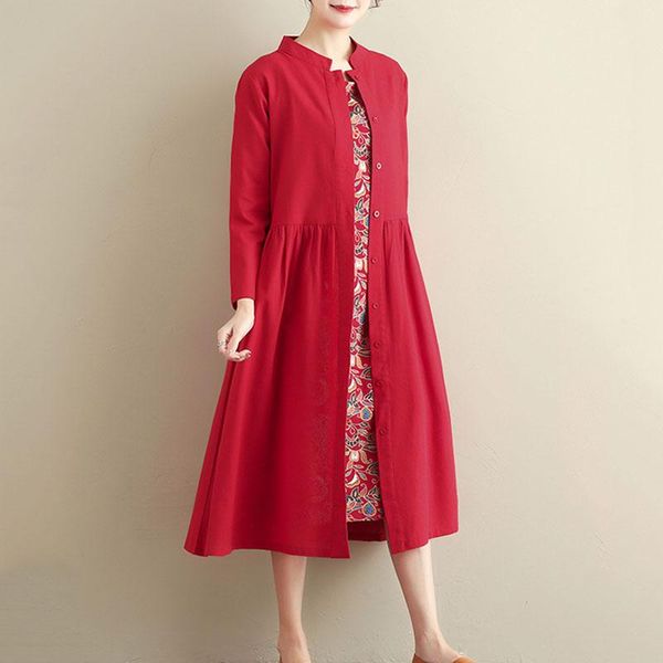 

women's trench coats 2021 cotton linen long windbreaker jacket women spring autumn leisure loose standing collar solid color coat cc338, Tan;black