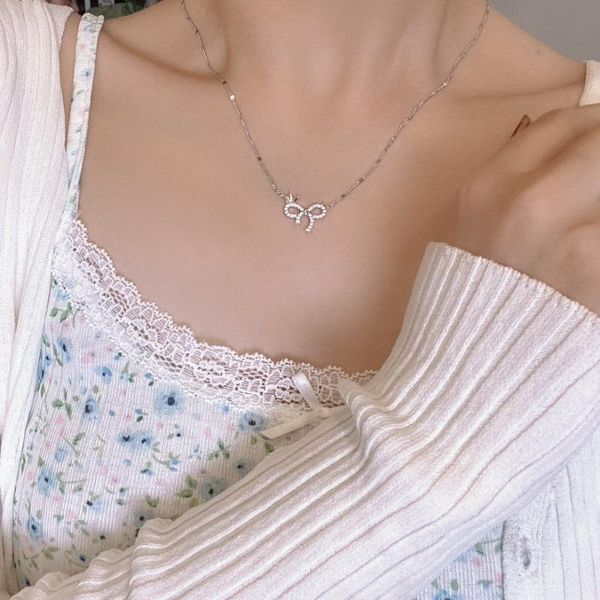 

chains women jewelry bow pendant necklace pretty design sweet temperament selling chain for girl lady gifts, Silver