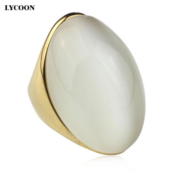 

cluster rings lycoon luxury opal ring stainless steel plate gold color setting white egg shape cat's eye stone for women party lyd0193, Golden;silver