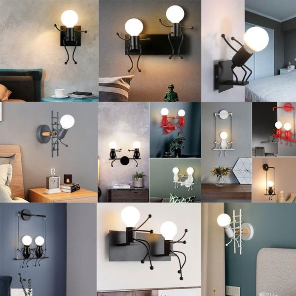 

wall lamps e27 modern simple iron led lamp creative cartoon lights metal humanoid robot sconce light children room luminaire