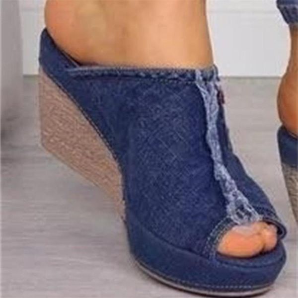

2021 summer fashion woman shoes denim slippers high heels wedge platform slippers women zapatillas casa mujer pantoffels sloffen, Black