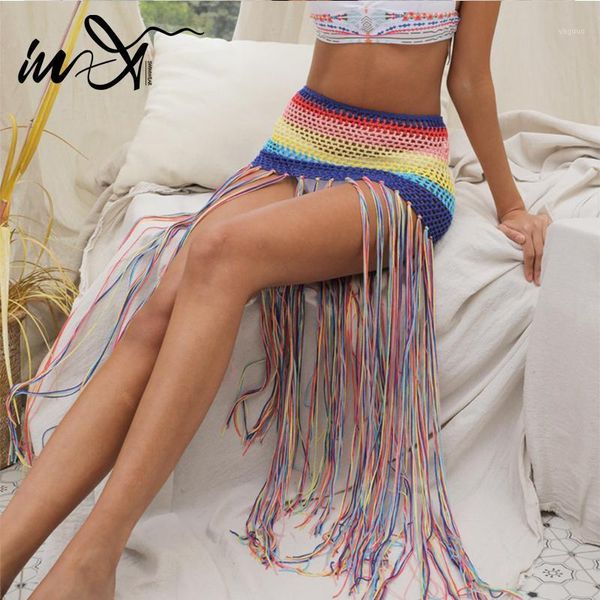 

in-x colorful skirt tassel cover-ups women crochet beach dress swimwear female long wear swimming 2021 brazilian women's, White;black