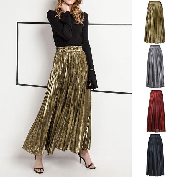 

skirts women high waist swing golden beach female clothes ladies long pleated skirt spring autumn fashion solid color, Black
