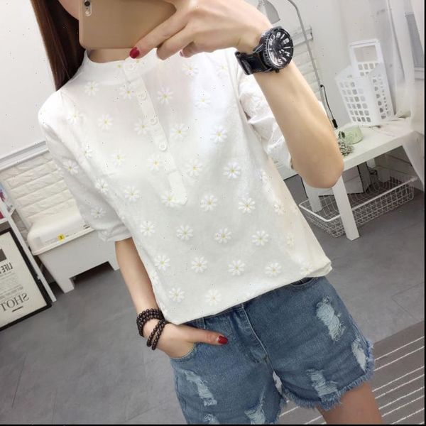 

embroidery spring summer style cotton womens blouses and linecn casual stand collor short sleeve blusas df2985, White