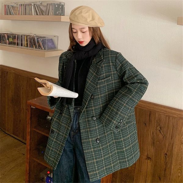 

green korean chess blazer jacket autumn and winter retro temperament loose sleeve long female wool suit outerwear y660 2xq3, White;black