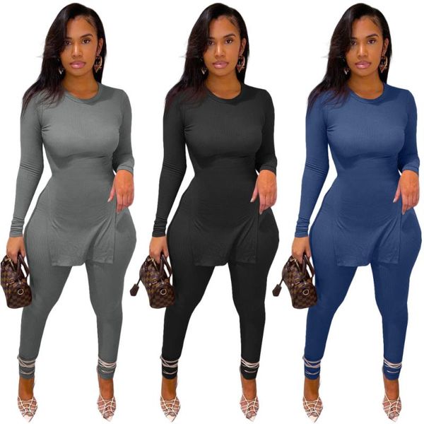 

women's two piece pants somoshein solid color casual women tracksuit ribbed conjuntos de mujer long sleeve sets round neck bodycon outf, White