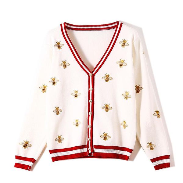 

women's knits & tees spring autumn ice silk knitted cardigan women sweater bee embroidery loose air-conditioning shirt jacket coat v-ne, White