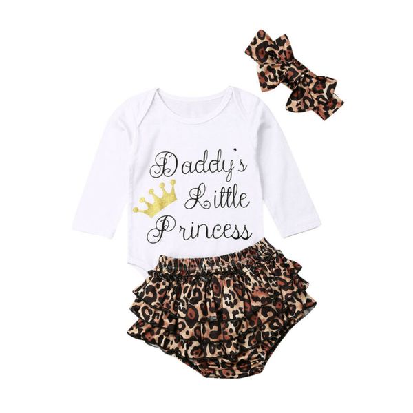 

3pcs newborn kids baby girl outfits clothes sets letter print romper +leopard print ruffles shorts headband set, White