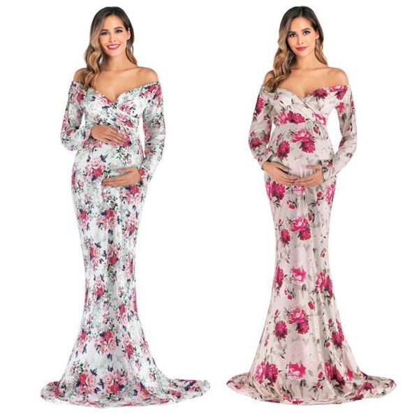 

maternity dresses floral pregnant women pography props off shoulder long sleeve print dress gown vestido, White