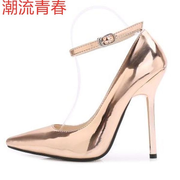 

spring women pumps high thin heels 13cm pointed toe lace-up gold silver banquet shoes dress, Black