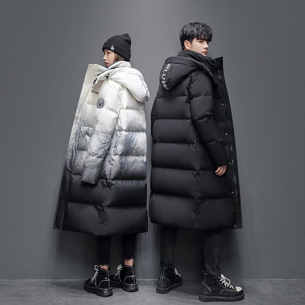 

winter x-long down jacket men gradient color windproof warmer puffer jackets couples fashion hooded snow parkas coat women, Black