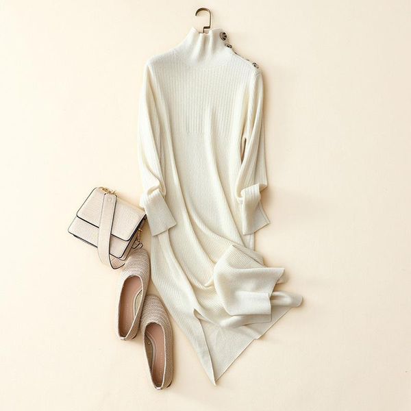 

casual dresses 100% cashmere turtleneck white dress women long fashion ladies elegant pullover, Black;gray