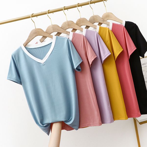 

women's t shirt ice thread short sleeve summer thin white v neck with black loose large base half