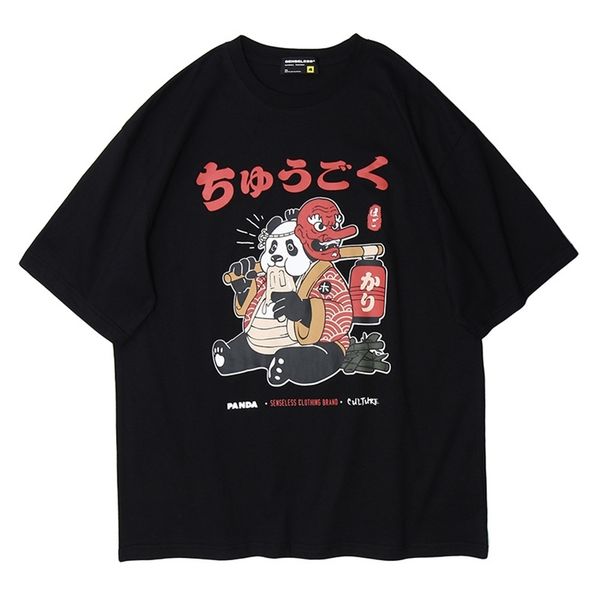 

japanese style panda printed t-shirt men / women new short sleeve loose trendy couple tee 210322, White;black