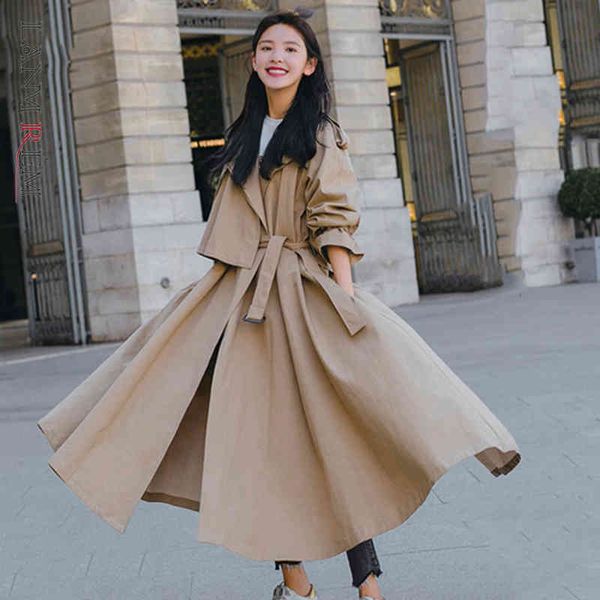 

spring fashion trend women's solid color over the knee long coat lapel belt plus size windbreaker tc053 210507, Tan;black