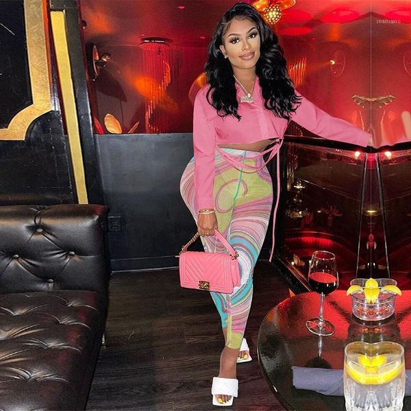 

women's two piece pants 2 set long sleeve shirt crop printed leggings women fall outfits mesh sheer night clubwear matching sets, White