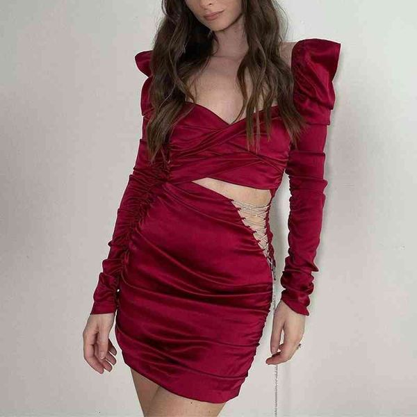 

casual dresses women club party bodycon lace up hollow out chain long sleeve mini ruched jwp5, Black;gray