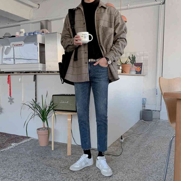 

men's jackets iefb primavera outono grosso lÃ£ xadrez camisas masculinas casual solto coreano tendÃªncia manga longa botÃ£o atÃ© tamanho gr, Black;brown