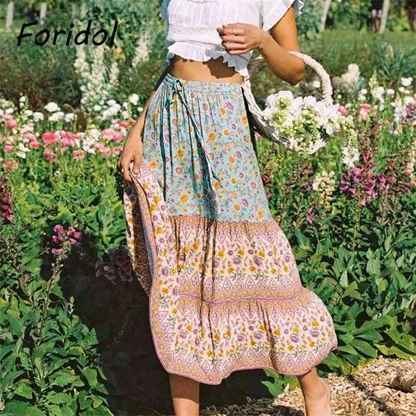 

summer boho long skirts womens floral print casual a-line high waist lace up beach bottoms 210427, Black