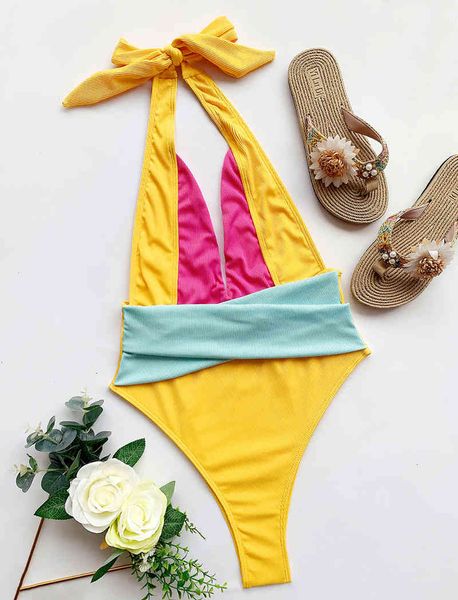 

new halter splicing female ribbed swimwear swimsuit women baless monokini bather bathing suit swim bodysuitby a
