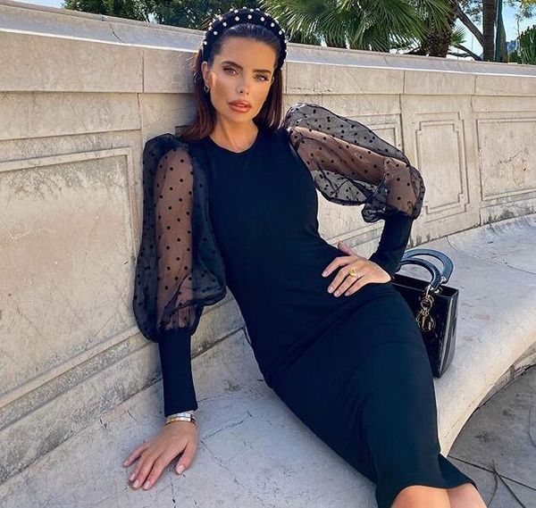 

dresses women winter long sleeve o neck mesh dot black midi bodycon bandage designer evening party vestido, Black;gray