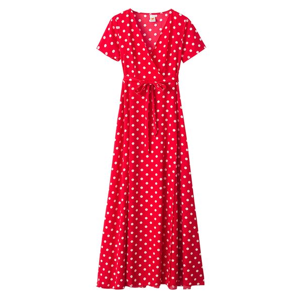

paris girl summer short-sleeved deep v-neck long maxi dress women boho beach polka dot dresses femme robe 210524, Black;gray