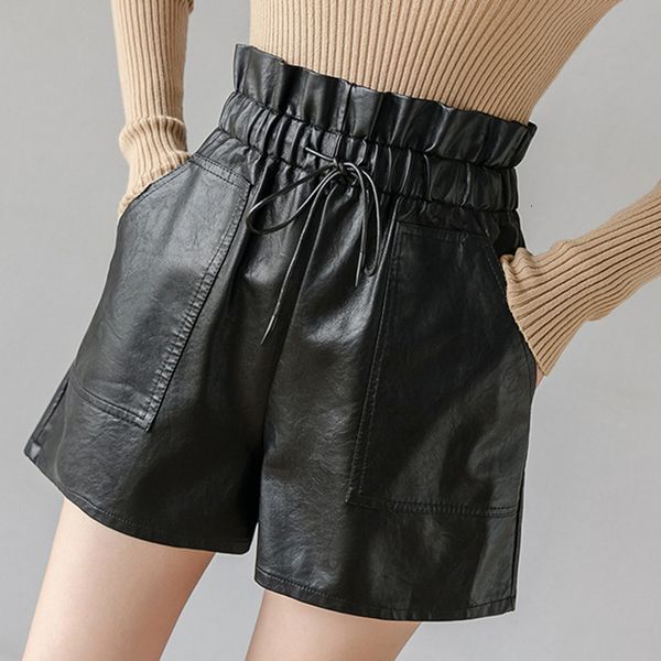 

women's shorts korean style pu leather women fall winter elastic high waist wide leg short ladies black woman vetement femme 42e4, White;black