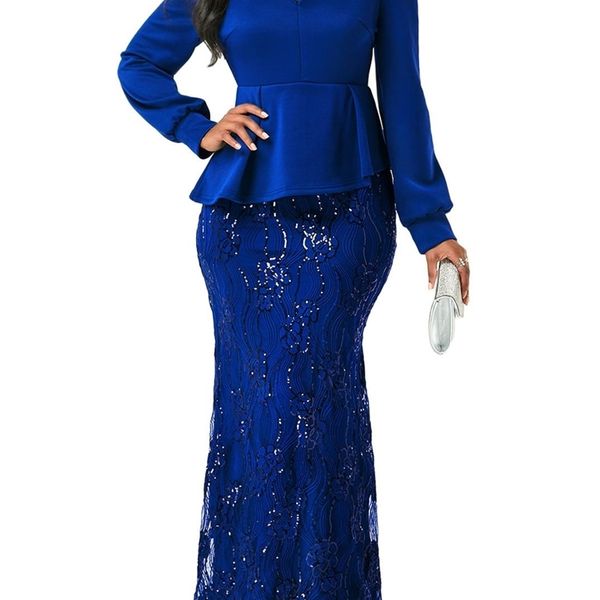 

vazn new chic 2021 spring lady 3 colors long dress full sleeve ruffles ankle-length trumpet dress lady special party dress, Black;gray