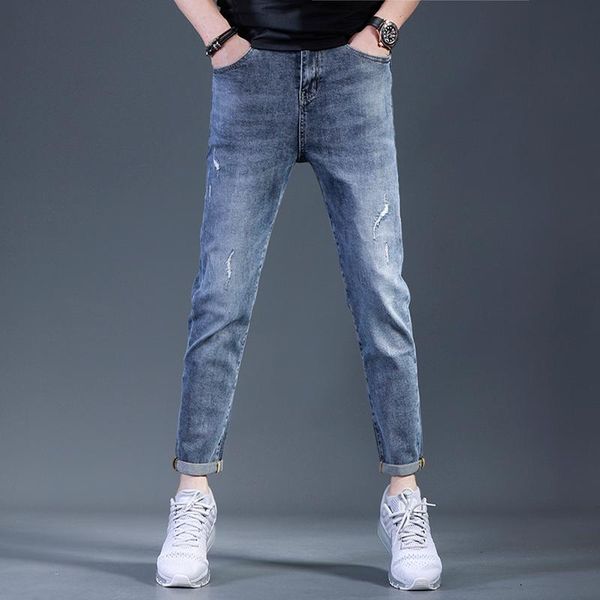 

ripped jeans men blue denim trousers casual slim fit pencil pants men's