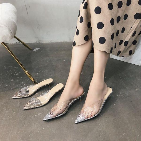 

heel air transparent sandals fairy 2021 shoes slipper sharp low dress, Black