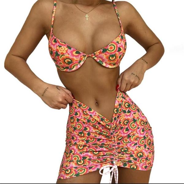 

two-piece suits 2 pieces swimwear set female flower print spaghetti strap bikini package hip skirt with drawstring women's swimsuit s/