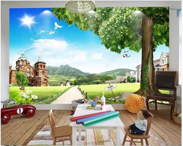 

wallpapers custom po wallpaper for walls 3 d mural modern beautiful fresh grass big tree flowers and tv background wall papers decor