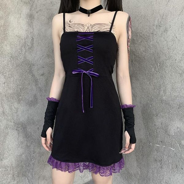 

lolita women spaghetti strap backless dress patchwok with gloves cosplay mini lace bandage kawaii female girl casual dresses, Black;gray