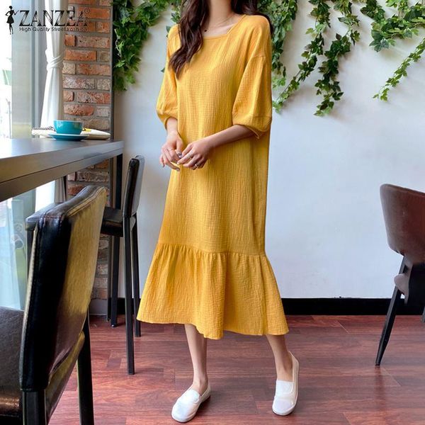 

casual dresses women midi dress 2022 ladies fashion ruffle vestidos solid loose robe femme plus size summer half sleeve sundress, Black;gray