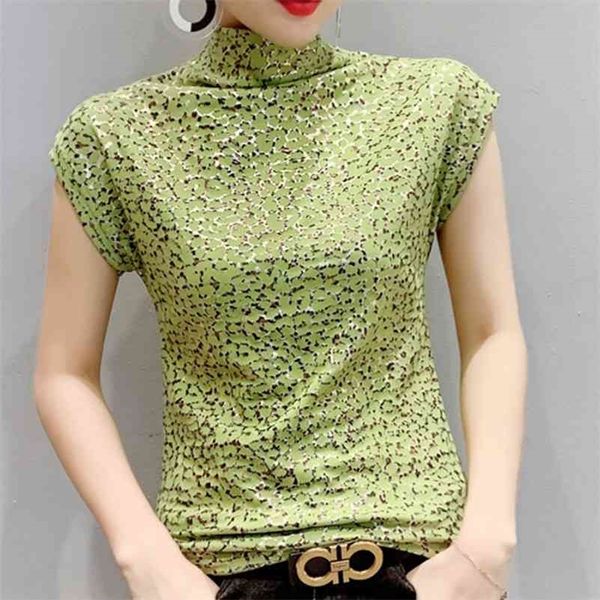 

shintimes the new autumn fashion leopard print t-shirt turtleneck tshirt short sleeve t shirt women 3xl plus size clothes 210324, White