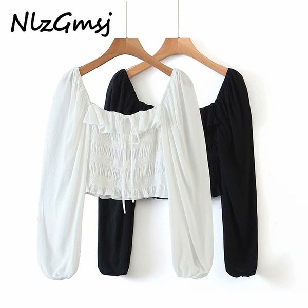 

nlzgmsj women vintage style crop long sleeve square neck solid color elastic summer short blouse blusas 210628, White
