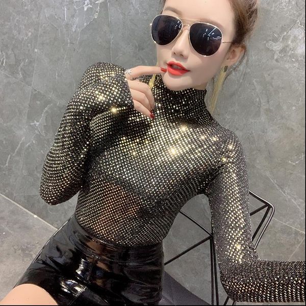 

spring autumn bright gold korean women clothes shiny turtleneck ropa mujer bottoming tee t9d608, White
